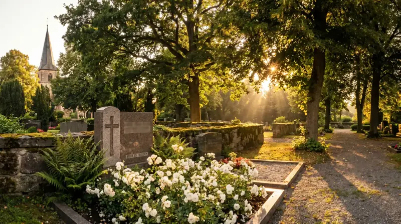 Friedhof mit alten Grabsteinen und Bäumen