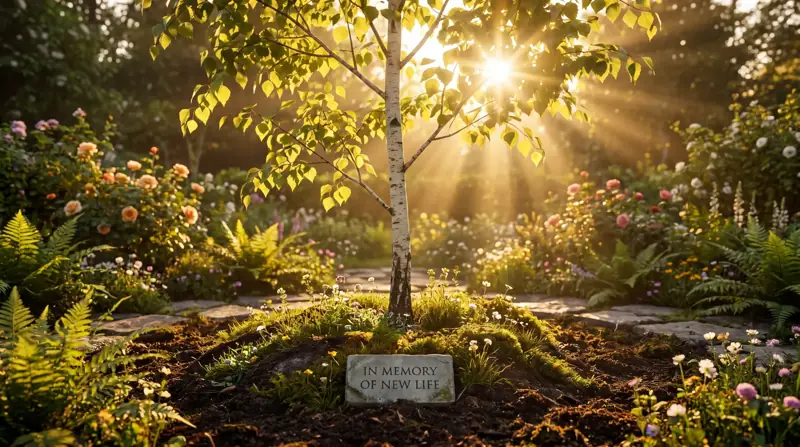 Junger Baum mit Namensschild in einem Garten im Gegenlicht