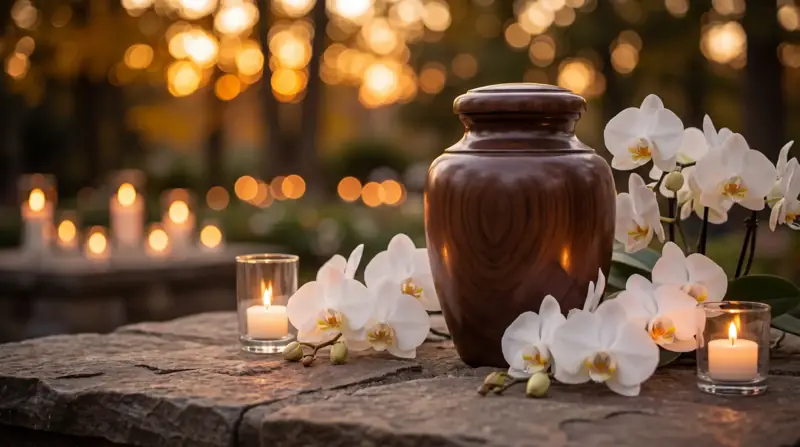 Urne mit weißen Orchideen und Kerzen