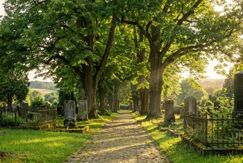 Allee auf einem Friedhof mit alten Bäumen