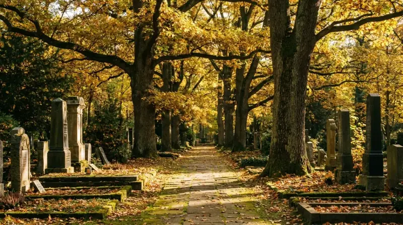 Friedhofsweg mit Grabsteinen im Herbstlicht