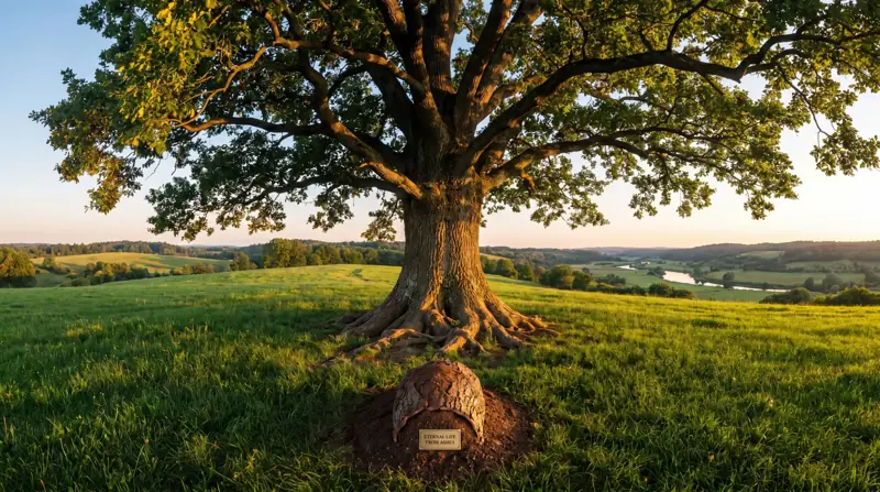 Baum auf einer Wiese mit Gedenkplatte an den Wurzeln